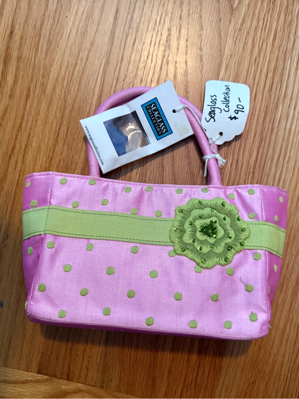 Pink Mini Tote with Green Polka Dots and Floral Accent